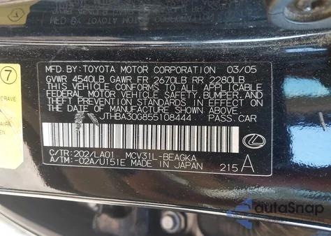 2005 Lexus Es 330 из США, поврежденный, VIN JTHBA30G855108444